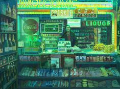 a man standing in front of a store filled with drinks and food items on display