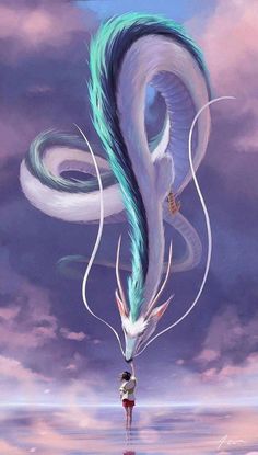 a painting of a white dragon with blue hair on it's head and tail