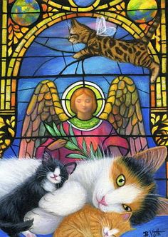 two cats laying next to each other in front of a stained glass window with an angel