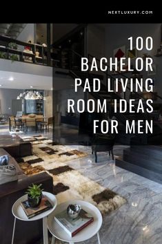 a living room filled with furniture and a large window that reads, 100 bachelor padliving room ideas for men