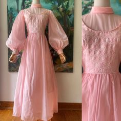 1960s  Pastel Pink Bishop Sleeve Brocade Maxi Dress  ↓ Measurements↓  Bust:  34"  Waist:  25"  Length:  57"    Closure: Back Metal Zipper Pockets: No Condition:  Fracture spot near hen on chiffon layer, two pulls on neck panel  Material:  Synthetic  Label:  None Item Number:  TPF-10,351 Brocade Maxi Dress, Samantha Wedding, Modest Wardrobe, 1960s Dress, 1960's Dress, Rose Pastel, Pink Dresses, Bishop Sleeve, Dress Measurements