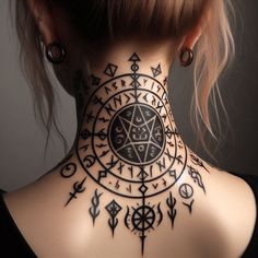 a woman with tattoos on her neck has an inverted pentagramus design on it