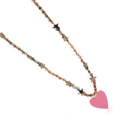 Pink Heart Pendant Gold Heart & Star and Moon Beaded Necklace is a vibrant and protective piece designed to bring love and energy into your life. Featuring a mix of gold and multicolor hematite stone beads, this handmade necklace is adorned with gold hematite heart, star, and moon beads, adding a celestial touch. At the center lies an 18k gold-plated pink enamel heart pendant, complemented by a purple enamel Evil Eye charm at the back for extra protection. This unique necklace is perfect for those seeking a meaningful accessory that radiates love and positive energy. Details Gold color heart shape hematite stone beads Star & Moon shape gold hematite stone 18K gold plated pink enamel pendant Necklace length 30" with pendant Avoid contact with chemicals, makeup, parfume. Do not use dips or a Pink Spiritual Necklaces With Heart Beads, Pink Heart-shaped Bohemian Beaded Necklaces, Heart-shaped Colorful Bead Necklaces For Festivals, Heart Charm Necklace For Festival, Heart Charm Necklace For Festivals, Heart-shaped Colorful Beaded Necklace For Festivals, Heart-shaped Colorful Beads Necklace For Festivals, Heart-shaped Necklace With Heart Charm For Festivals, Pink Heart Pendant