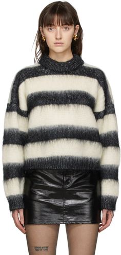 Saint Laurent: Black & White Mohair Striped Sweater | SSENSE Saint Laurent Black And White, Saint Laurent Sweater, Saint Laurent Collection, Eyelash Sweater, Stripes Sweater, Striped Turtleneck, Womens Turtleneck, Celebrity Outfits, Wool Blend Sweater