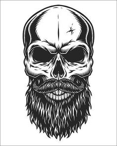 a skull with a beard and mustache in black and white colors on a white background