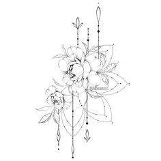 a black and white drawing of flowers with arrows