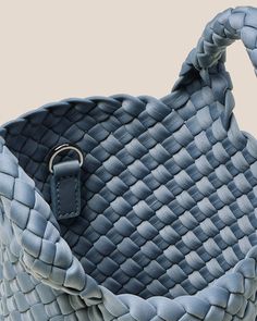 Handwoven neoprene in muted denim blue. The St. Barths Petit Tote transitions seamlessly from daytime to evening, carrying all your essentials comfortably. Modern Blue Woven Leather Bag, Olive Shell, Summer Neutrals, St Barths, Neoprene Tote, Cashmere Outfits, Shell Pink, Cashmere Accessories, Cosmetic Shop