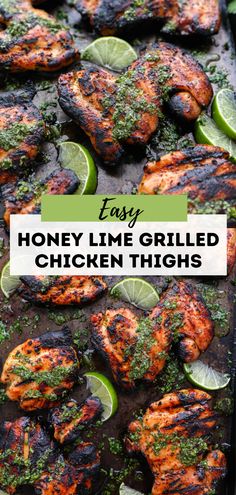 grilled chicken thighs with limes and parsley on top