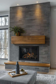 40 Modern Gray Brick Fireplace Designs for a Stylish Home Light Gray Brick Fireplace, Light Grey Fireplace Brick, Modern Tile Fireplace, Dark Grey Fireplace Brick, Brick Fureplace, Fireplace Tile Ideas, Reface Brick Fireplace, Chunky Indoor Brick Fireplac, Blue Furniture Living Room