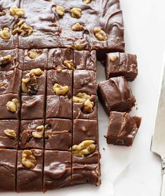 chocolate fudge brownies cut into squares with walnuts on top