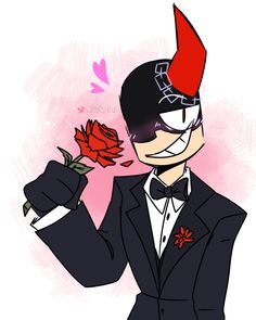 a drawing of a man in a tuxedo holding a rose with one hand