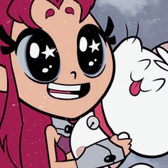 a cartoon character with big eyes and pink hair holding a white cat in her hands