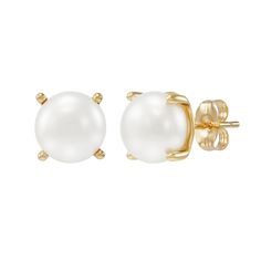 These classic freshwater cultured pearl stud earrings are a must-have for every fine jewelry collection. The lustrous white button cultured freshwater pearls are set in 10K yellow gold and add style to any look. | Button Cultured Freshwater Pearl Stud Earrings | 10K Yellow Gold | Size 8.50 mm | Helzberg Diamonds Classic Pearl White Jewelry With Pearl Buttons, Classic Pearl Earrings As Gift, Classic Round Pearl Button Earrings, Classic Round Earrings With Pearl Buttons, Classic Pearl Earrings With Prong Setting Gift, Classic Pearl Earrings With Prong Setting, Stacked Engagement Ring, Helzberg Diamonds, Sapphire Bracelet