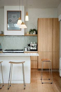 two stools are in front of the kitchen counter