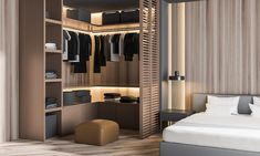 a modern bedroom with closets, bed and dressing area in the room 3d rendering