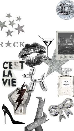 a collage with silver and black items including lipstick, high heeled shoes, star shaped objects