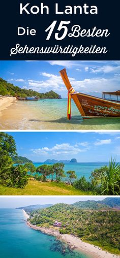 the beach and water in koh lanta, thailand with text overlaying it