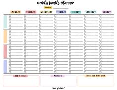 the printable weekly family planner is shown in black and white, with colorful text