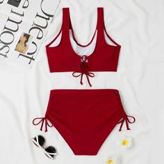 Color: Dark Red, Size: S Red Swim Suit, High Waist Swimsuit, Floral Swimwear, Solid Color Bikinis, Trendy Swimsuits, Swimsuit Material, Red Swimsuit, Swimsuits High Waisted, Pants Length