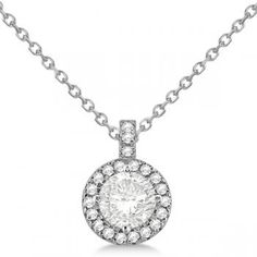 Diamond Halo Pendant Necklace Round Solitaire 14k White Gold (1.00ct) - allurez.com Pink Sapphire Pendant, White Gold Pendant Necklace, Sapphire Necklace Pendants, Diamond Pendants, White Gold Necklace, Opal Pendant Necklace, Round Solitaire, Round Pendant Necklace, Halo Pendant