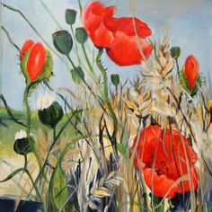 an oil painting of red flowers in the grass