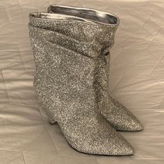 Silver Glitter Pointed Toe Ruched Shaft Pull On Heeled Boots. Never Worn. Glitter Boots, Guess Shoes, Silver Glitter, Shoes Heels Boots, Shoes Women Heels, Heeled Boots, Shoes Heels, Glitter, Women Shoes