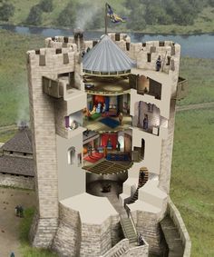 an artist's rendering of a castle with stairs leading up to the second floor