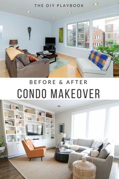 the before and after of a living room makeover