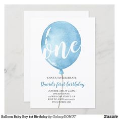 a blue balloon birthday party card with the word, one on it's front