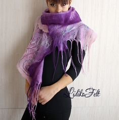 Felted Wool Cobweb Ruffle Scarf Shawl Wrap PINK PURPLE Autumn Winter Spring gift This wonderful, delicate, fancy scarf is hand felted from high quality very fine merino wool using the cobweb felting technique.   Color: different shades of pink and purple, decorated with multicolored bamboo, silk fibers and fancy yarn threads. Luxury and natural! Thin and airy, very soft, nice, romantic, attractive, refreshing and 100% eco-friendly this scarf will make you feel comfortably classy and will be a gr Felting Scarf, Purple Autumn, Fancy Scarf, Ruffle Scarf, Different Shades Of Pink, Black And White Flowers, Yarn Thread, Felted Scarves, Hand Felted