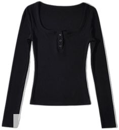 Sun-imperial Square Neck Long Sleeved Fitted T-shirt With Buttons Detail Basic style Stretch Black Tops With Button Closure, Black Stretch Tops With Button Closure, Black Stretch Top With Button Closure, Fitted Black T-shirt With Button Closure, Black Fitted T-shirt With Button Closure, Black Crew Neck Top With Buttons, Black Fitted Buttoned T-shirt, Fitted Black T-shirt With Buttons, Black Crew Neck T-shirt With Buttons