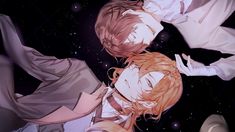 two anime characters are kissing in front of the night sky with stars and planets behind them