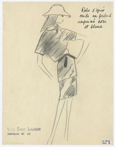 a drawing of a woman wearing a hat and dress with words written on the side