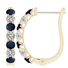 Dazzling diamonds and blue sapphires are prong-set alternately and exude a striking contrast. These elegant 14k yellow gold huggie hoop earrings are secured with hinged clip closures. Gold Huggie Hoop Earrings, Blue Sapphire Earrings, Sapphire Earrings, Huggie Hoop Earrings, 18k Rose Gold, Prong Setting, Blue Sapphire, Platinum, Sapphire