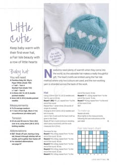 the knitting pattern for a knitted hat with hearts is shown in blue and white