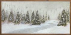 a painting of snow covered trees in a snowy landscape with a wooden frame on the wall