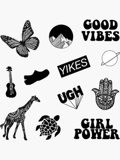 various black and white stickers with different types of animals, birds, and words