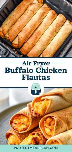 air fryer buffalo chicken flauas with text overlay that says air fryer buffalo