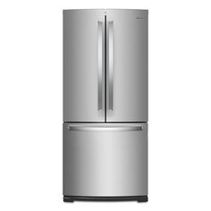 a stainless steel refrigerator freezer sitting on top of a white background with the door open