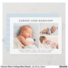 a baby's birth announcement with three photos and the words, carbon luke hamilton