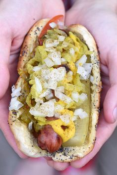 two hands holding a hot dog with mustard and onions