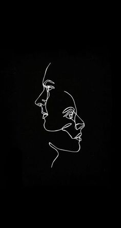 a black and white drawing of two people facing each other on a dark background, with one man's face partially obscured by his left hand