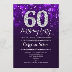 purple and silver 60th birthday party card with glitter effect on the front, in white