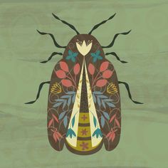 a drawing of a bug with flowers and leaves on it's back legs, sitting in front of a green background