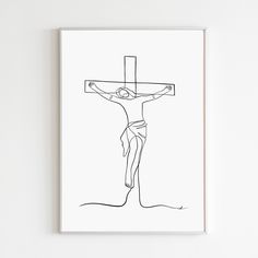 a black and white drawing of a man on the cross with his hands in front of him