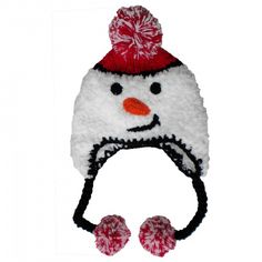 a knitted snowman hat with red and white pom - poms