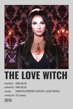 the love witch poster is shown with candles in the background