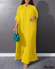 Olivia Mark - Pleated-Button Maxi Dress with Stylish Design Long Shirt Women, Long Dresses Elegant, Sukienki Plus Size, Look Casual Chic, Marine Uniform, Loose Maxi Dress, Elegant Dresses For Women, Round Neck Dresses, Pleated Maxi Dress