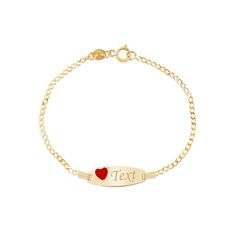 PRICES MAY VARY. KIDS ID BRACELET - 14k yellow gold girls id bracelet with red enamel heart curb chain italy 5.5 inches long FINE QUALITY - MADE IN ITALY - 14k solid gold [ not plated ] Stamped to authenticate the fineness of the gold; Entirely made in Italy; Fine quality great for sensitive skin GIFT READY - Comes in beautiful branded UNICORNJ giftbox; Makes a fantastic gift presentation Excellent gift idea - Certificate of Authenticity included so that the recipient can appreciate the true val Name Bracelets, Gift Presentation, Babies Newborn, Gold Girl, Id Bracelets, Pink Enamel, Broken Chain, Name Bracelet, Butterfly Charm