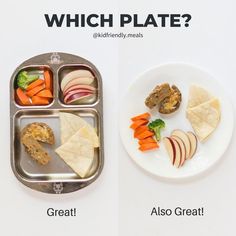 a plate with some food on it next to a metal tray filled with fruit and vegetables